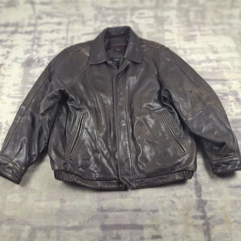 Vintage Claiborne Thinsulate Leather Bomber Jacket Mens L Brown Elastic Hem Coat
